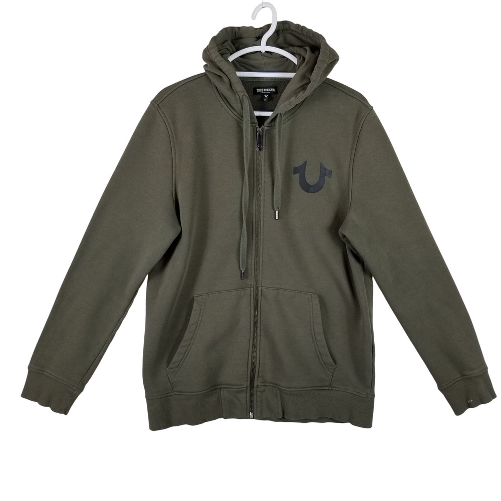 True Religion Mens Olive Green Horseshoe Graphic Full Zip Hoodie Sweatshirt L